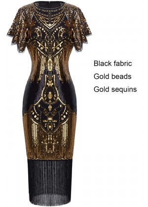 Black and Gold 1920s Flapper Fancy Dress Costume lx1055-1