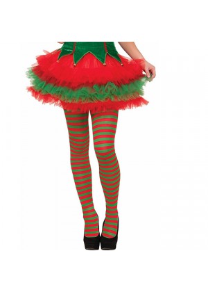 Elf Striped Red Green Christmas Xmas Helper Fancy Dress Costume Pantyhose 