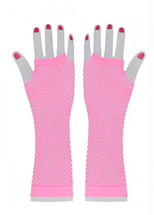 Baby Pink Fishnet Gloves Fingerless Elbow Length 70s 80s Women's Neon Party Dance