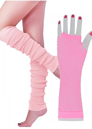 Coobey 80s Neon Fishnet Gloves Leg Warmers accessory set Baby Pink