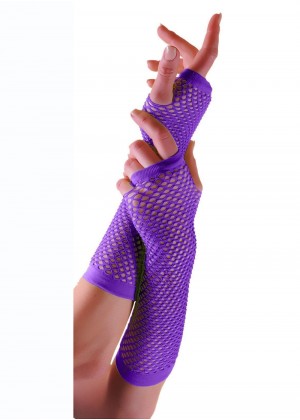 Purple Fishnet Gloves Fingerless Elbow Length 70s 80s Women's Neon Accessories