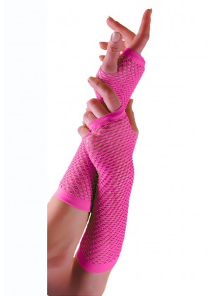 Pink Fishnet Gloves Fingerless Elbow Length 70s 80s Women's Neon Party Dance 