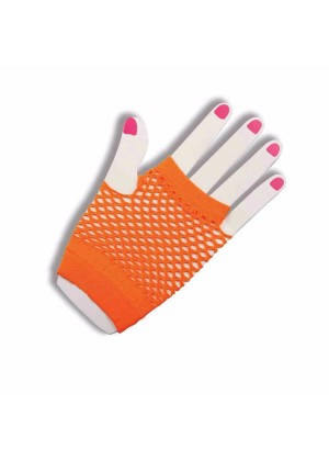 Orange Fishnet Gloves Fingerless Wrist Length 70s 80s Women's Neon Party Dance 