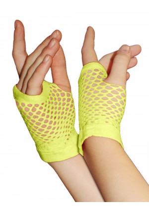 Yellow Fishnet Gloves Fingerless Wrist Length 70s 80s Women's Neon Accessories