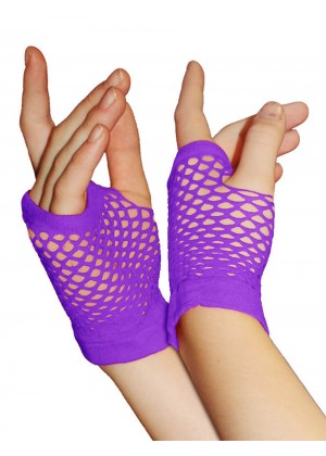 Purple Fishnet Gloves Fingerless Wrist Length 70s 80s Women's Neon Accessories