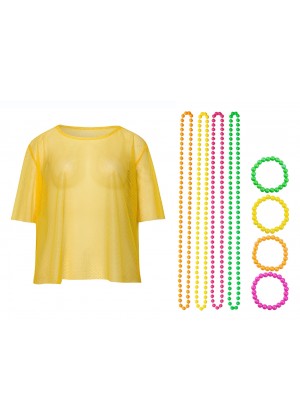 Yellow String Vest Mash Top Net Neon Punk Rocker Fishnet Rockstar 80s 1980s Costume  Beaded Necklace Bracelet Accessory
