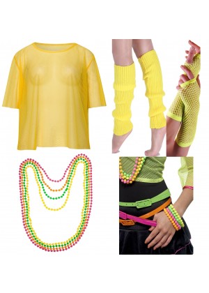 Yellow String Vest Mash Top Net Neon Punk Rocker Fishnet Rockstar 80s 1980s Costume  Beaded Necklace Bracelet legwarmers gloves