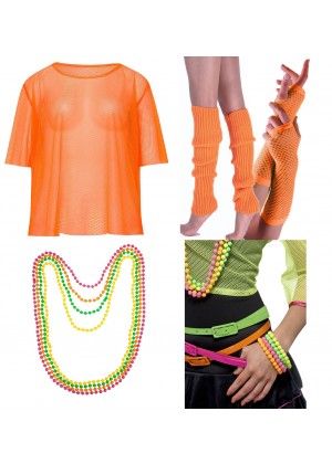 Orange String Vest Mash Top Net Neon Punk Rocker Fishnet Rockstar 80s 1980s Costume  Beaded Necklace Bracelet legwarmers gloves