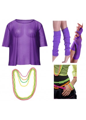 Purple String Vest Mash Top Net Neon Punk Rocker Fishnet Rockstar 80s 1980s Costume  Beaded Necklace Bracelet legwarmers gloves