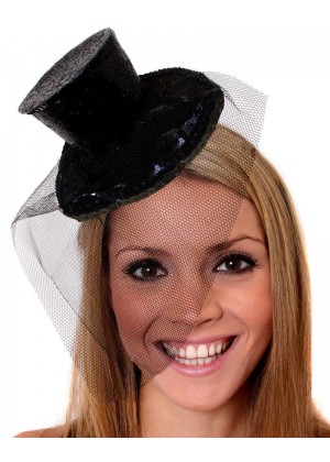Black Fever Mini Top Hat on headband Ladies Mini Glitter Top Hat
