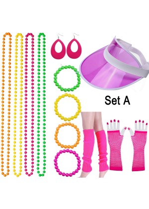Coobey 80s Neon Bracelet Necklace Bow Headband Fishnet Gloves Lighting Earring Leg Warmers