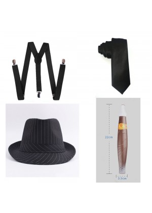 Black Mens 1920s 20s Gangster Set Hat Braces Tie Cigar Set Gatsby Costume Accessories