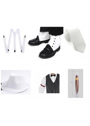 White Mens 1920s 20s Gangster Set Hat Braces Tie Cigar Set Gatsby Costume Accessories 