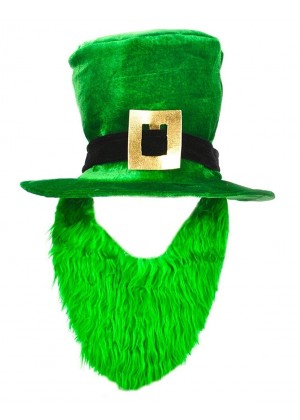 PLUSH LEPRECHAUN HAT WITH BEARD ST PATRICKS DAY NOVELTY irish green COSTUME ACCESSORY