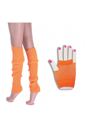 Coobey 80s Neon  Fishnet Gloves  Leg Warmers accessory set Orange