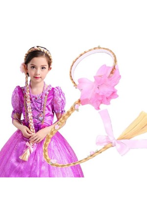 Girls Disney Princess Wig Headband Hair Plait with Pink Flower for Kids Costume Accessary