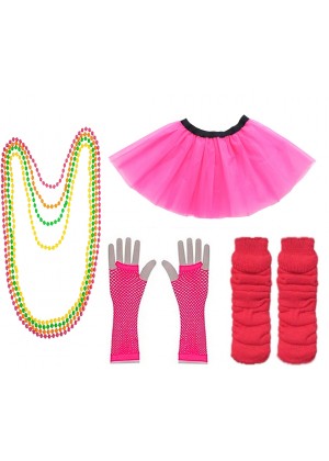 Dark Pink Coobey Ladies 80s Tutu Skirt Fishnet Gloves Leg Warmers Necklace Dancing Costume Accessory Set