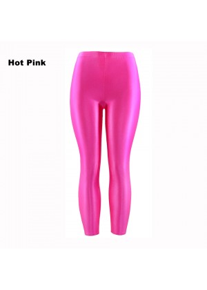 Hot Pink 80s Shiny Neon Costume Leggings Stretch Fluro Metallic Pants Gym Yoga Dance