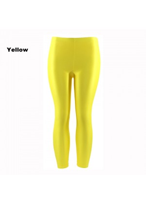 Yellow 80s Shiny Neon Costume Leggings Stretch Fluro Metallic Pants Gym Yoga Dance
