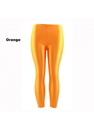 Orange 80s Shiny Neon Costume Leggings Stretch Fluro Metallic Pants Gym Yoga Dance