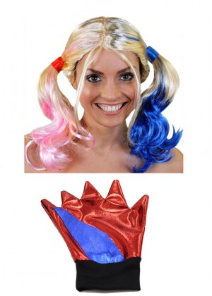 Harley Quinn Wig Gloves Halloween Cosplay Adult Women Batman Suicide Squad Accessory