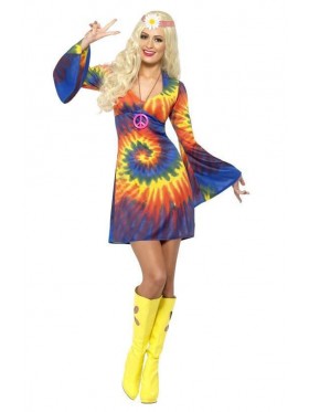 Ladies Tie Dye 60s 70s Retro Hippie Go Go Girl Disco Licensed Costume Fancy Dress Hen Xmas Party