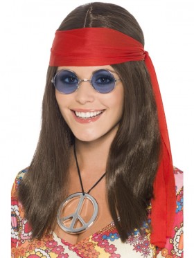 Hippy Chick Kit 1960s Adult Groovy Fancy Party Costume Ladies Brown Wig Accessory Hippie Rock Peace Beatles