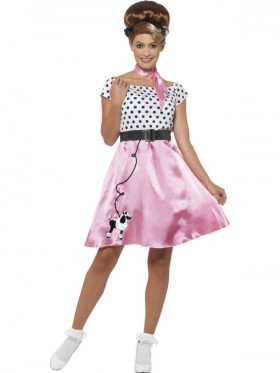 Ladies 1950s Rock n Roll Costume Adult 50s Poodle Grease Rockabilly Dance Fancy Dress Womens Pink Outfit