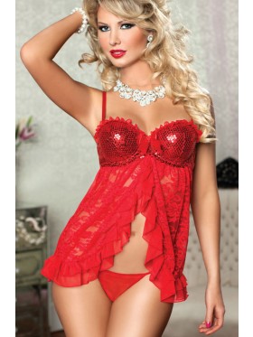 Red Sequin Ruffle Trim Floral Lace Babydoll