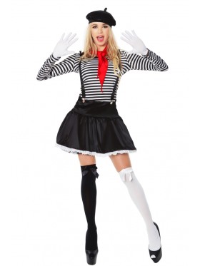 Ladies Mesmerizing Mime Costume French Artist Clown Circus Fancy Dress Outfits