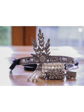 1920s Headband Bracelet Ring Set Vintage Bridal Great Gatsby Flapper Black Headpiece gatsby gangster ladies
