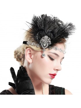 1920s Headband Black Feather Vintage Bridal Great Gatsby Flapper Headpiece gangster ladies