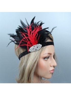 1920s Headband Red Feather Vintage Bridal Great Gatsby Flapper Headpiece gangster ladies