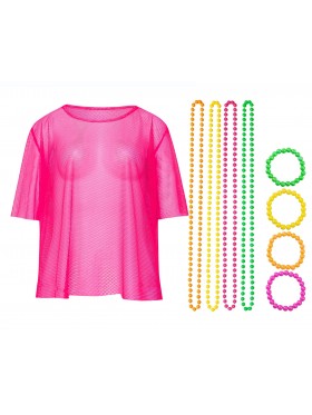 Pink String Vest Mash Top Net Neon Punk Rocker Fishnet Rockstar 80s 1980s Costume  Beaded Necklace Bracelet Accessory