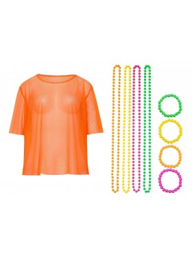 Orange String Vest Mash Top Net Neon Punk Rocker Fishnet Rockstar 80s 1980s Costume  Beaded Necklace Bracelet Accessory