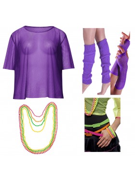 Purple String Vest Mash Top Net Neon Punk Rocker Fishnet Rockstar 80s 1980s Costume  Beaded Necklace Bracelet legwarmers gloves