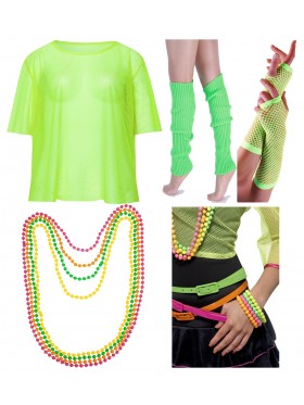 Green String Vest Mash Top Net Neon Punk Rocker Fishnet Rockstar 80s 1980s Costume Beaded Necklace Bracelet  legwarmers gloves