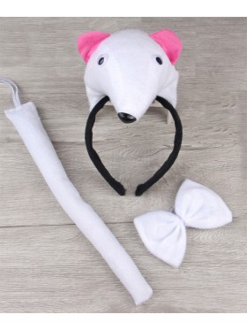 White Rat Headband Bow Tail Set Kids Animal Farm Zoo Party Performance Headpiece 