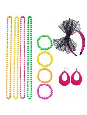 Coobey 80s Neon Bracelet Necklace Bow Headband Lighting Earring 