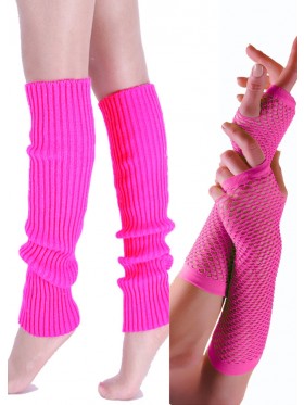 Coobey 80s Neon  Fishnet Gloves  Leg Warmers accessory set Pink