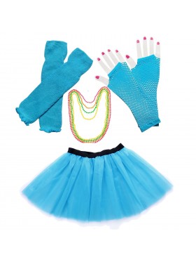 Lake blue Coobey Ladies 80s Tutu Skirt Fishnet Gloves Leg Warmers Necklace Dancing Costume Accessory Set