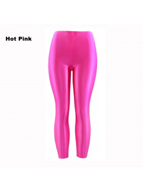 Hot Pink 80s Shiny Neon Costume Leggings Stretch Fluro Metallic Pants Gym Yoga Dance