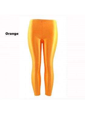 Orange 80s Shiny Neon Costume Leggings Stretch Fluro Metallic Pants Gym Yoga Dance