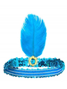 Lake Blue 1920s Headband Feather Vintage Bridal Great Gatsby Flapper Headpiece gangster ladies