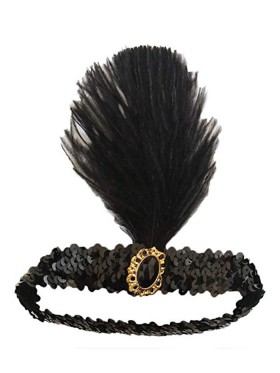 Black 1920s Headband Feather Vintage Bridal Great Gatsby Flapper Headpiece gangster ladies