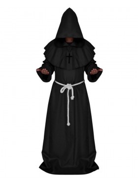 Black Medieval Friar Hooded Robe Monk Cross Necklace Renaissance Costume Cosplay Mans Halloween Priest