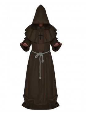Brown Medieval Friar Hooded Robe Monk Cross Necklace Renaissance Costume Cosplay Mans Halloween Priest