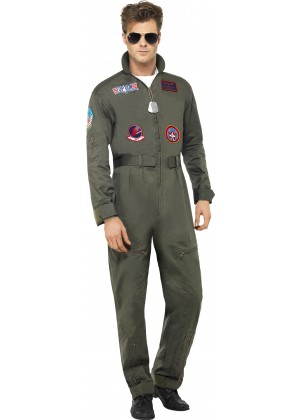 Retro Men Aviator Pilot Costume Top Gun 1980s 80s Military Costume Green Dress Licensed