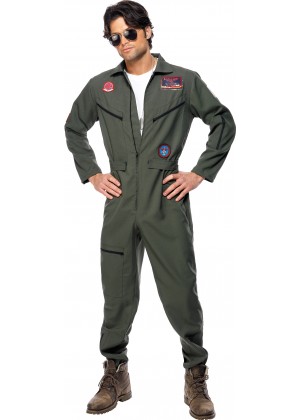 Retro Men Aviator Pilot Costume Top Gun 1980s 80s Military Costume Green Dress Licensed
