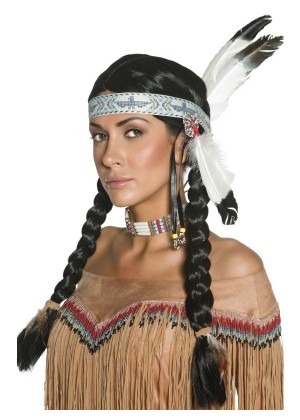 Native American Indian Maiden Pocahontas Wig With Plaits Braid With Feather